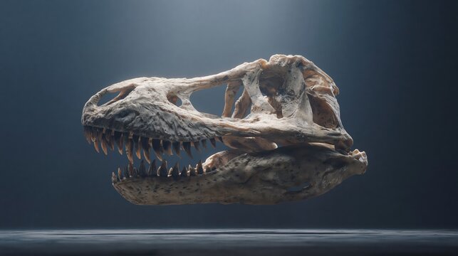 Detailed Tyrannosaurus Rex skull fossil displayed against a dark, moody background