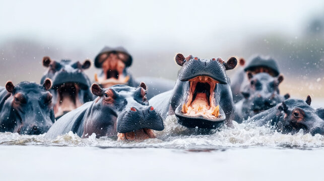 Hippos opening mouths, displaying powerful jaws and teeth, a dynamic wildlife scene with water splashes