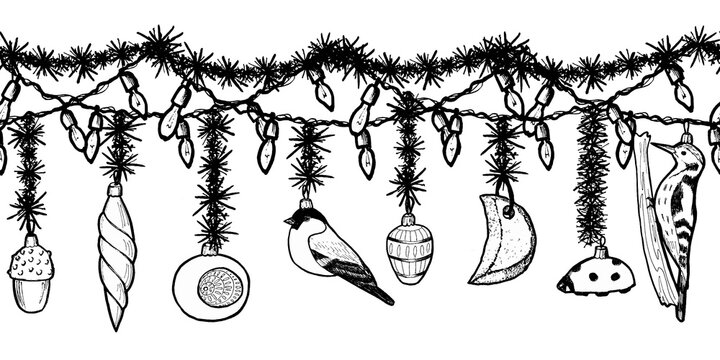 Hand drawn seamless border of garland with Christmas toys on isolated background for creating cards, packaging, gifts, stickers and banners for Christmas and New Year.