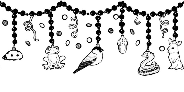 Hand drawn seamless border of garland with Christmas toys on isolated background for creating cards, packaging, gifts, stickers and banners for Christmas and New Year.