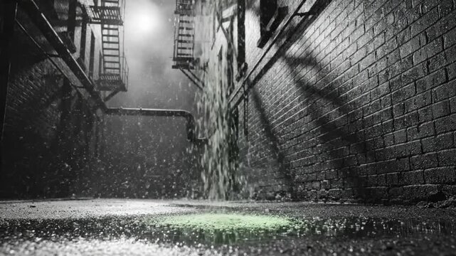 Rainy alleyway scene with sewer water streaming and rat scurrying across wet ground, noir atmosphere