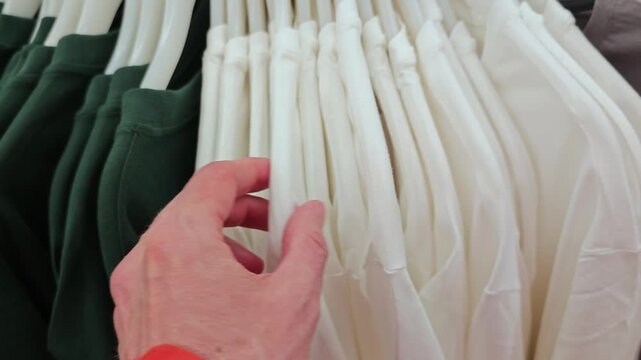 Choosing between green and white shirts in a clothing store in the afternoon