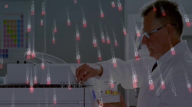 Technician lifting yellow tube and loading into lab analyzer for tests while binary overlaying area