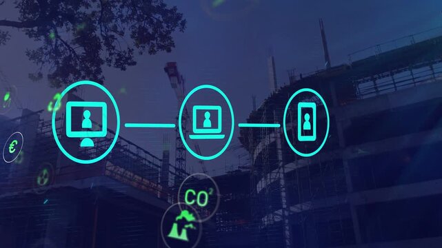 Green eco icons floating driving teal nodes growing shifting to devices showing energy at site dusk