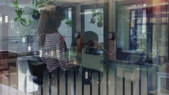 Stylist reaching toward client, aligning hair in salon while candlestick charts moving over mirror