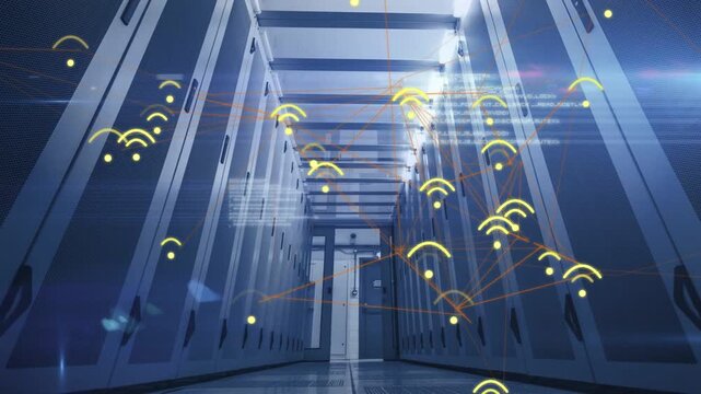 On system pulse, yellow icons appearing in server racks, drifting and linking, showing network load