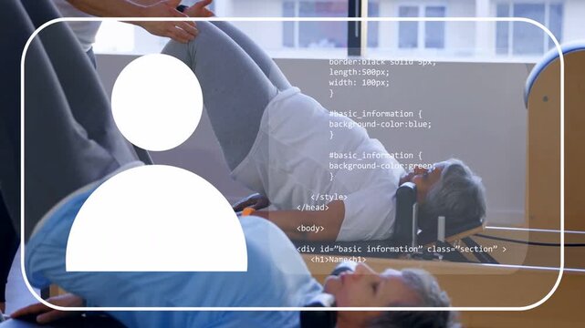 Pilates women bridging as male coach approaching adjusting knees to align while UI overlay rising