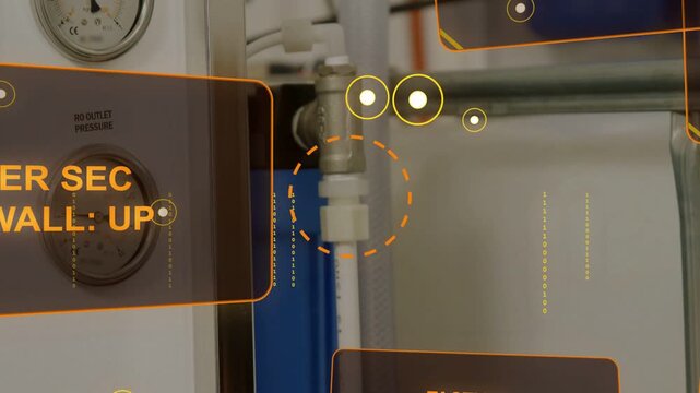 Camera shifting right zooming in focusing plant pipe while HUD targeting coupling aiding inspection