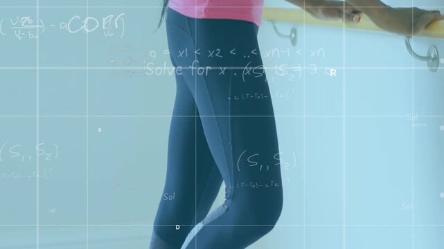 Woman practicing barre fitness beginning with heel lifts, holding barre, grid and math overlaying