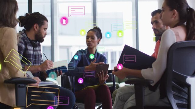 Lead woman speaking and tapping tablet, causing avatars and bubbles growing, sparking business chat