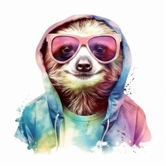 Fototapeta premium Cool sloth wearing colorful sunglasses and a hoodie strikes a fun pose with vibrant watercolor effects