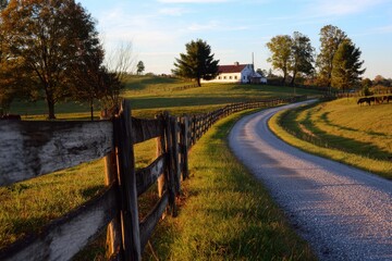 Fototapeta premium Sunlit Kentucky horse barn beside a weathered wooden fence on a quiet rural back road