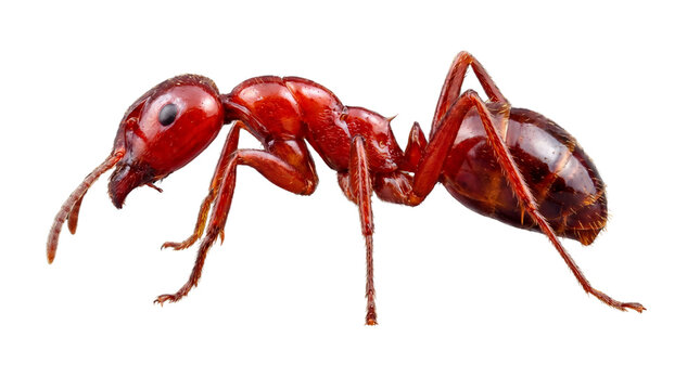 Close-up macro photography of a vibrant red ant with detailed segmented body, antennae, and mandibles, isolated on a clean white background, showcasing its intricate natural form