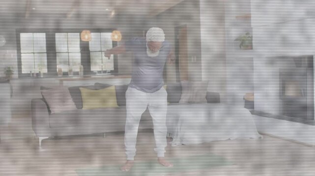 Senior man starting health routine doing balance and weight shifts scanline overlay obscuring view