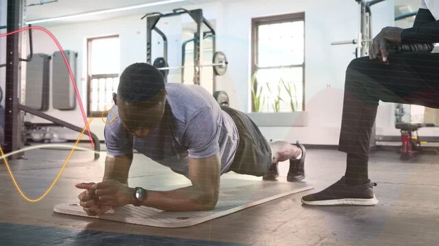 Trainee doing forearm plank, coach tapping hip cueing core brace to correct form, wavy overlays