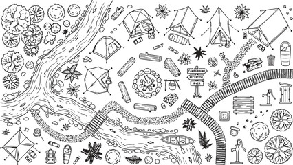 Outdoor adventure illustration with forest elements, camping gear and hiking trails sketch. © Akhi Ayra