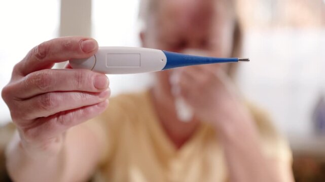Electronic medical thermometer for measuring temperature in hand of woman with cold close-up