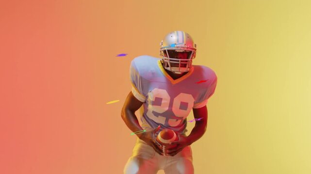 Football player stepping forward, shifting ball and preparing pass, gradient with animated icons