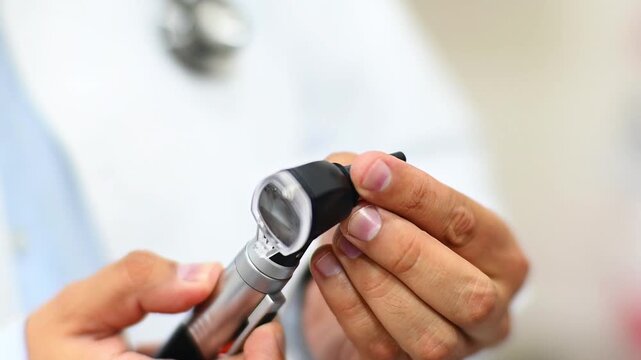 1080p 60fps horizontal video of a doctor assembling his otoscope for a medical examination
