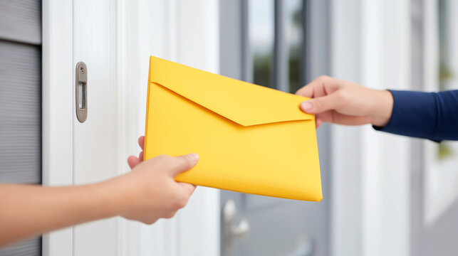Person handing yellow envelope package at doorway, close up human hands exchanging mail delivery