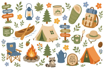 Camping Adventure Backpack Campfire Hiking Nature Mountain Forest Campfire Tent Equipment Lantern Vacation Travel Canoe Vector Print Seamless Pattern