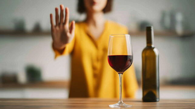 Person doing stop gesture, refusing glass of red wine, focusing on sobriety, healthy lifestyle, and alcohol moderation