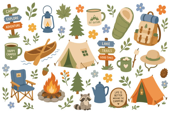 Camping Adventure Backpack Campfire Hiking Nature Mountain Forest Campfire Tent Equipment Lantern Vacation Travel Canoe Vector Print Seamless Pattern
