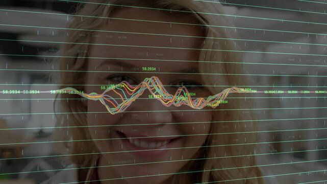 Woman facing camera, waveform over grid growing, crossing eyes showing numbers as tech data updates