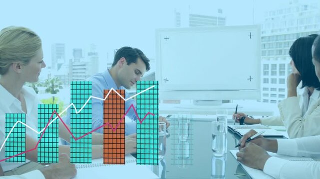 Business team sitting at table watching monitor showing animated bars over hands rising for sales