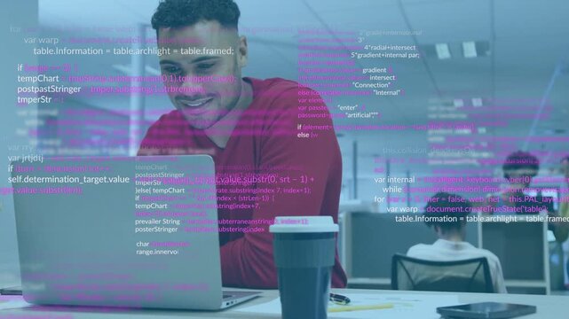 Man in red shirt typing on laptop and activating translucent code overlays for live tech debugging