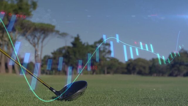 Metal driver head resting on mown tee box while tee and ball launching under candlestick chart