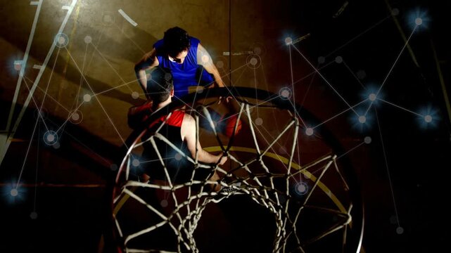 Blue-2 player pivoting and driving to rim, defender contesting as basketball overlay mapping shot