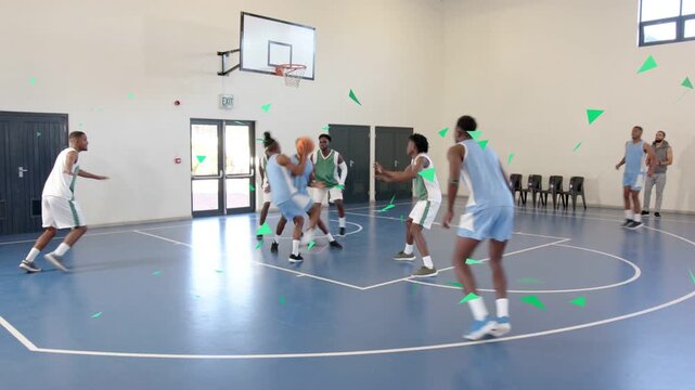 Blue sports onball player driving to score, drawing defenders, passing 3, green triangles popping