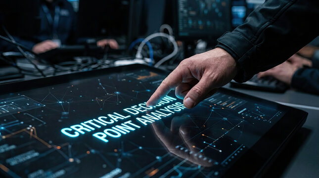 Critical decision point analysis hand pressing glowing touchscreen technology digital hand pressing glowing touchscreen with words critical decision point analysis, showing advanced technology