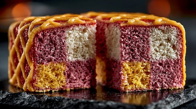 Sliced Battenberg cake with checkerboard pattern on dark slate