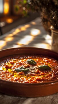 Traditional pappa al pomodoro soup in a rustic terracotta bowl