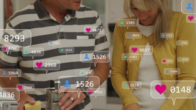 Vertical video: Reaction icons appearing couple grating cheese and chopping veg, showing more likes