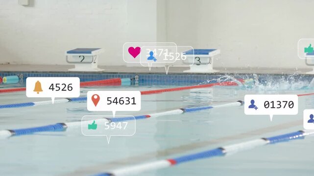 Woman pushing off from block and diving into lane, seeking ad reach while heart icons multiplying
