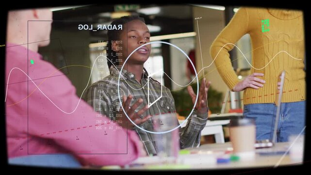 Lead speaker turning toward colleague and presenting business idea, HUD waveforms syncing gestures