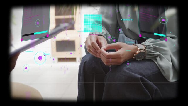 Woman fidgeting while clinician holding tablet causing AR HUD panels growing, fading for healthcare