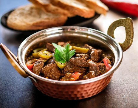 turkish dish called ciger kavurma in a traditional copper pan sauteed lamb liver cooked with onions peppers and spices served sizzling hot with bread and pickled vegetables