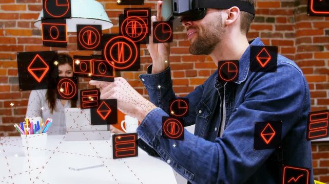Man donning headset activating red UI, tapping, swiping, pinching, testing tech prototype with team
