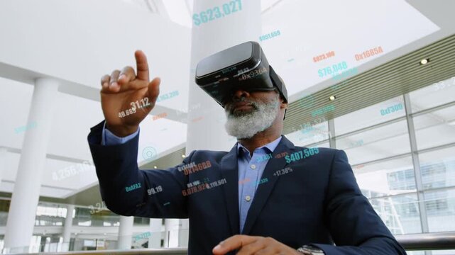 Sr exec donning VR sweeping, tapping, pointing floating finance numbers, selecting value