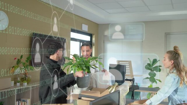 Opening boxes, team unpacking and placing monitor and plant, binary overlays guiding tech setup
