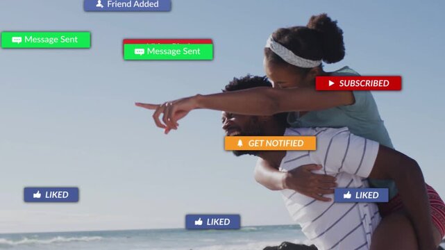 Woman on man's back clicking subscribe for notifications, causing social badges to flood then clear