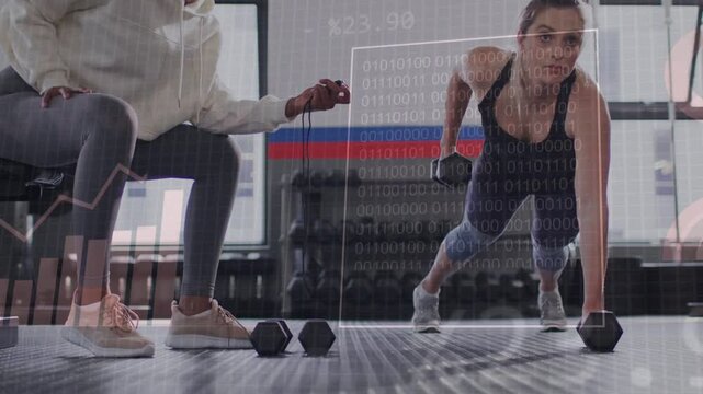 Coach pressing timer in gym, athlete holding plank doing dumbbell rows for tracking reps with HUD
