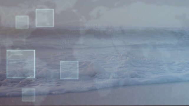 Single faint square appearing left, squares growing and shifting over shore, overlaying map shape