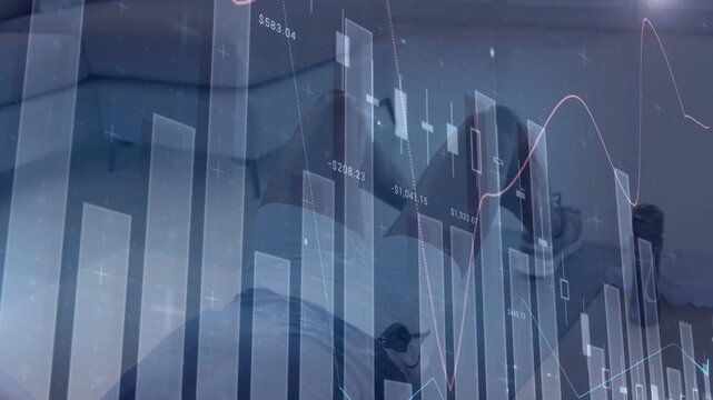 Man starting high plank and doing push-ups in living room, financial charts animating over torso