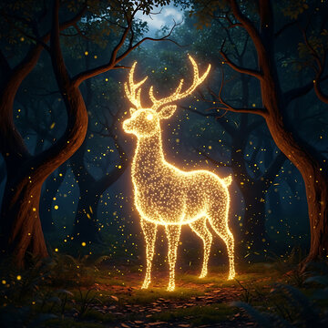 A majestic deer, outlined in glowing golden lights, stands in a dark, enchanted forest at night.