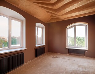 Fototapeta premium brown plastered walls in the property preparation for the paint loft conversion with rounded ceilings roof windows selective focus